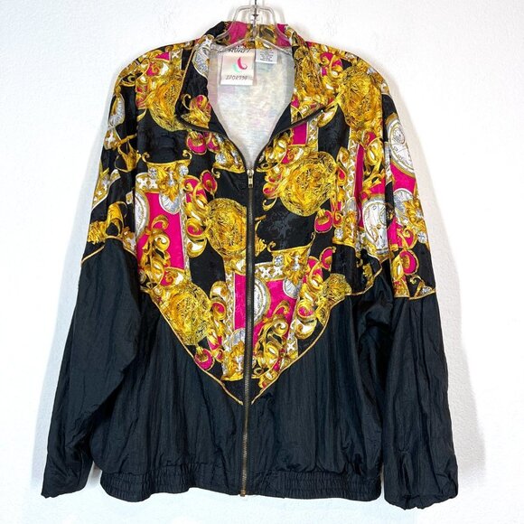 Vintage Baroque Jacket XL 80s Black Pink Gold Avait Sportif Zip Track - Picture 8 of 8